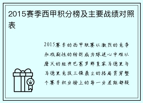 2015赛季西甲积分榜及主要战绩对照表
