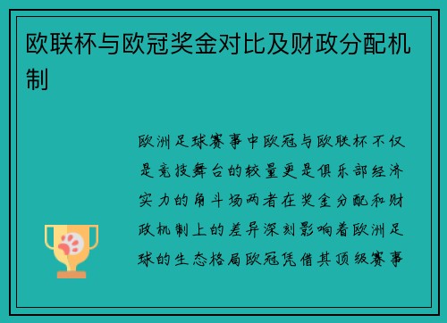欧联杯与欧冠奖金对比及财政分配机制